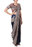 Navy Blue Pure Cotton Stitched Saree With Detachable Kalamkari Pallu