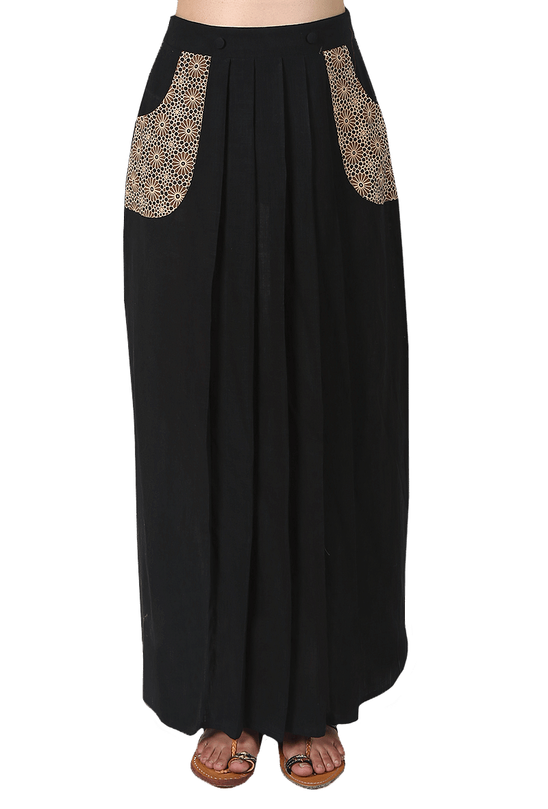 Black Pure Cotton Pleated Ajrakh Skirt