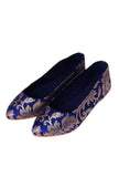 Blue Brocade Pointed Toe Ballerina Flats