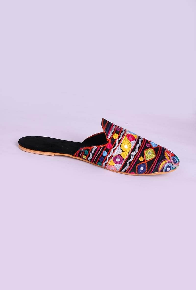 Black Chomuk Mirror Embroidery Suede Kutch Mules