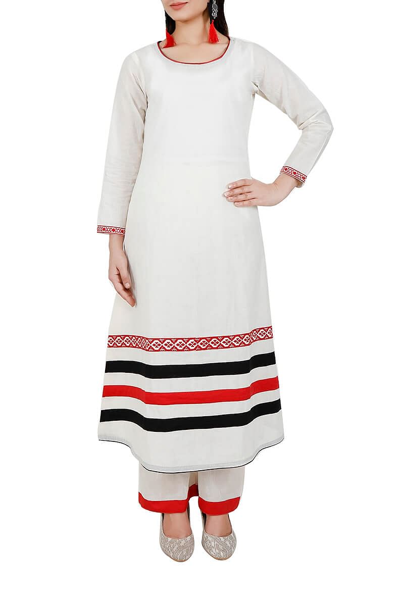 Red Toda Embroidery Pure Cotton Long Kurta