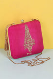 Pink Dabka Zari Embroidery Silk Box Clutch (6.5