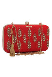 Red Dabka Zari Embroidery Silk Rectangular Clutch (8"x4.5"x2")