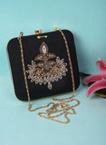 Black Dabka Zari Embroidery Silk Box Clutch (6.5"x7"x2")