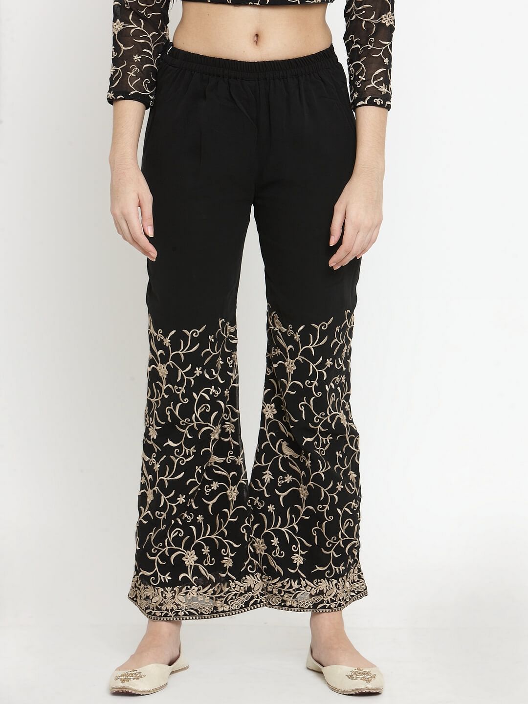 Black Palazzos With Parsi Embroidery