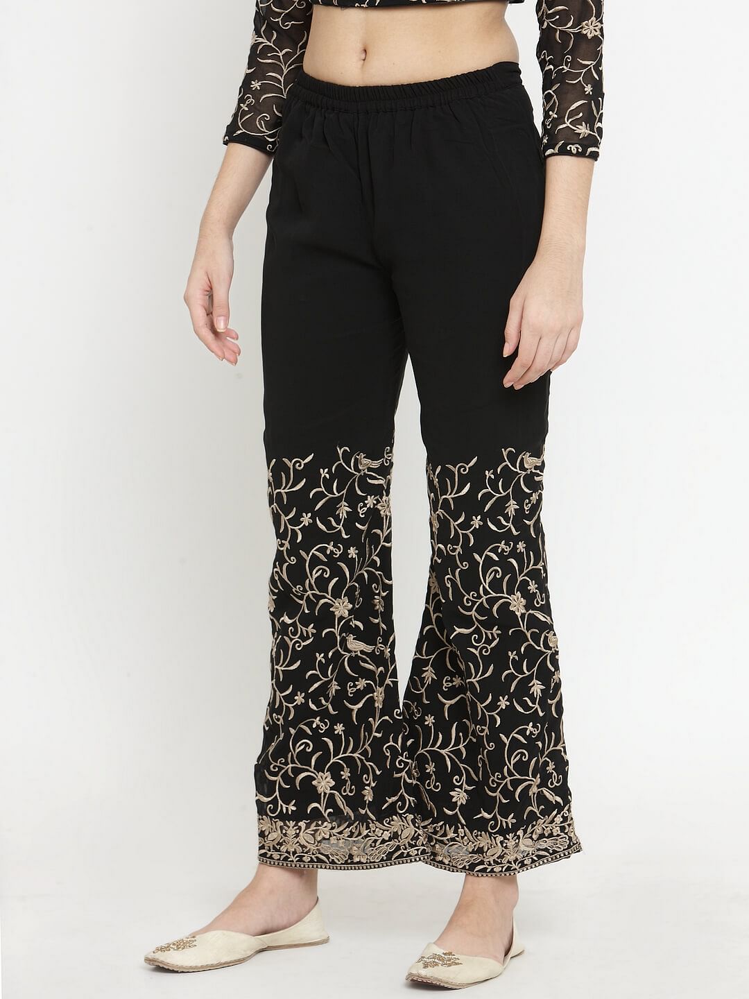 Black Palazzos With Parsi Embroidery