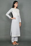 Pale Grey Kurta With Kantha Embroidered Yoke