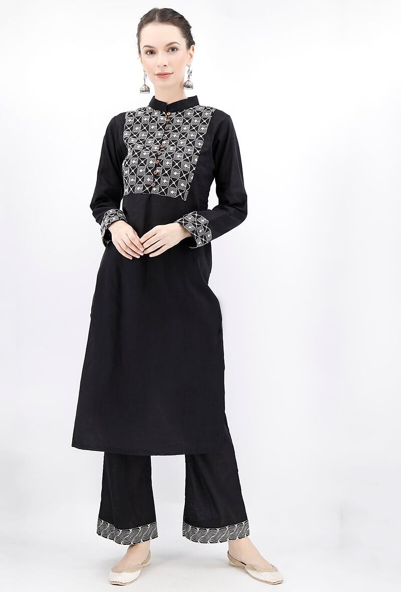 Black Collared Kurta With Kantha Embroidery