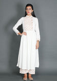 White Anarkali With Mustard Kantha Embroidery
