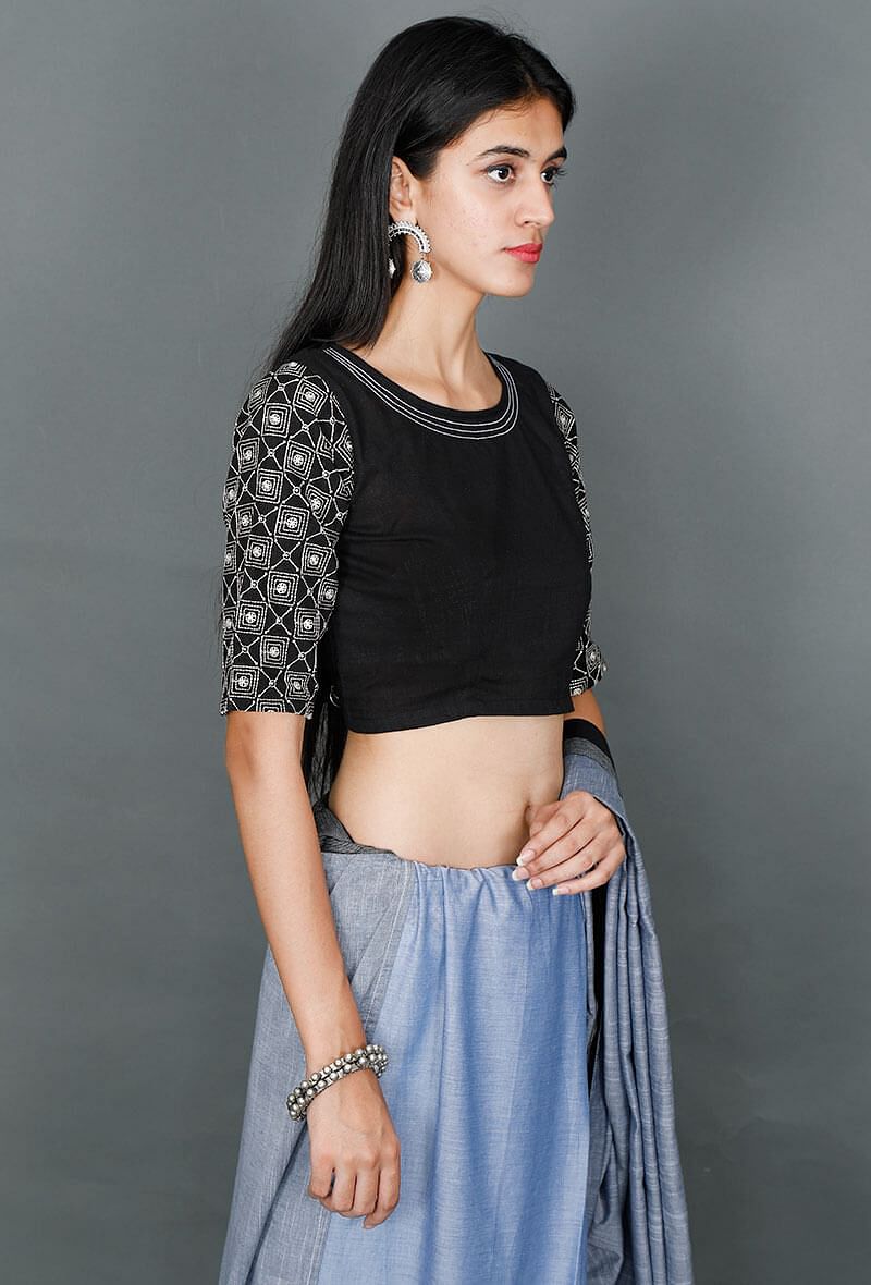 Black Blouse With White Kantha Embroiderey