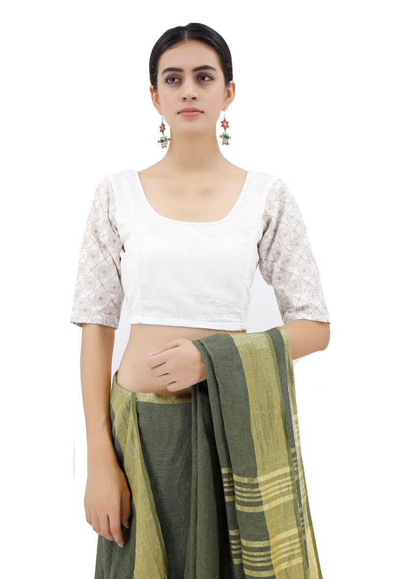 White Blouse With Beige Kantha Sleeves