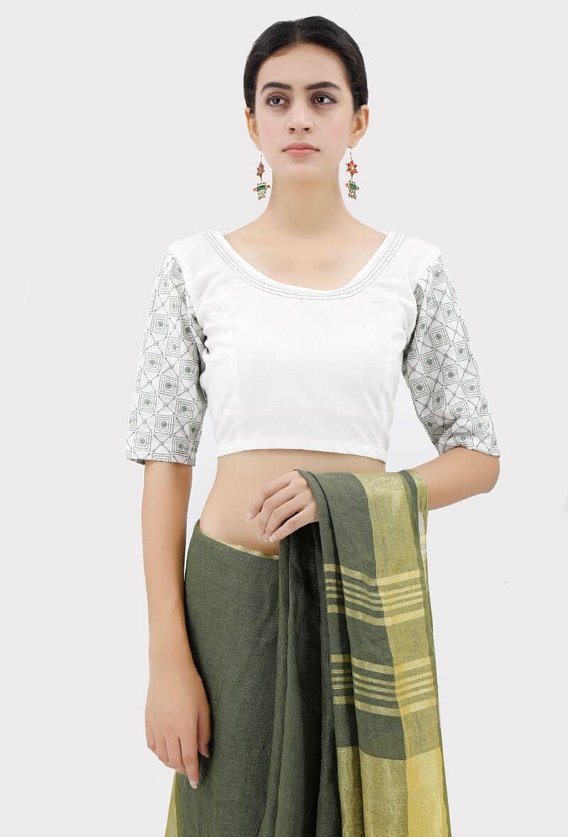 White Blouse With Green Kantha Sleeves
