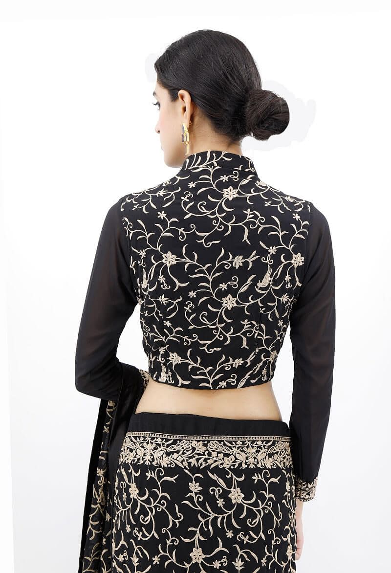 Black Parsi Embroidered Blouse With Sheer Sleeves