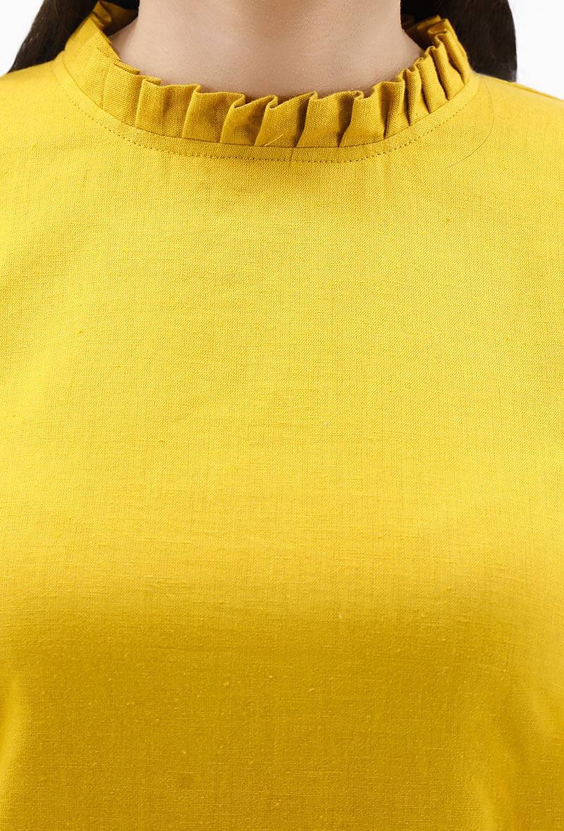 Mustard Cotton Kurta With Victorian Collar