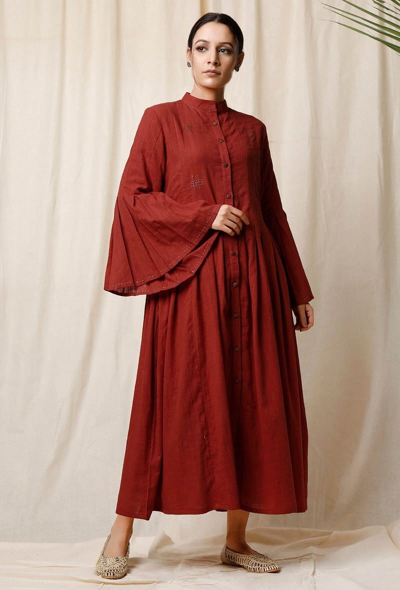 cotton slub dress Printed Cotton Dress With Faux Knot Detail - Border