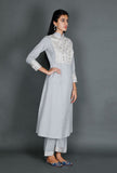Grey kantha embroidered kurta palazzo artisan everyday ethnic set on a female model