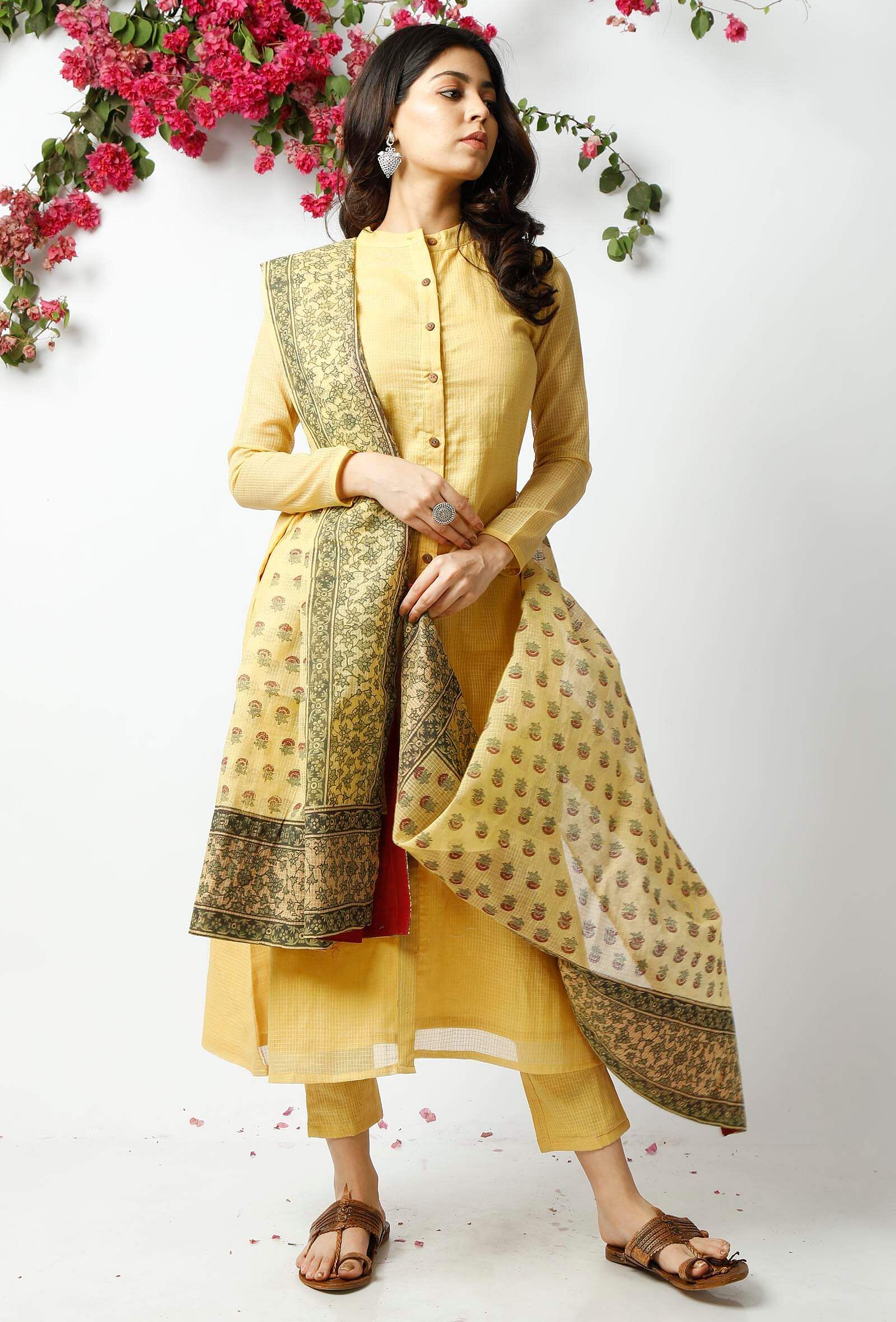 Mustard Yellow Printed Cotton Kurti Set with matching face Mask