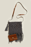 Grey Macrame Woven Sling Bag With Cruelty-Free Leather  Pouch