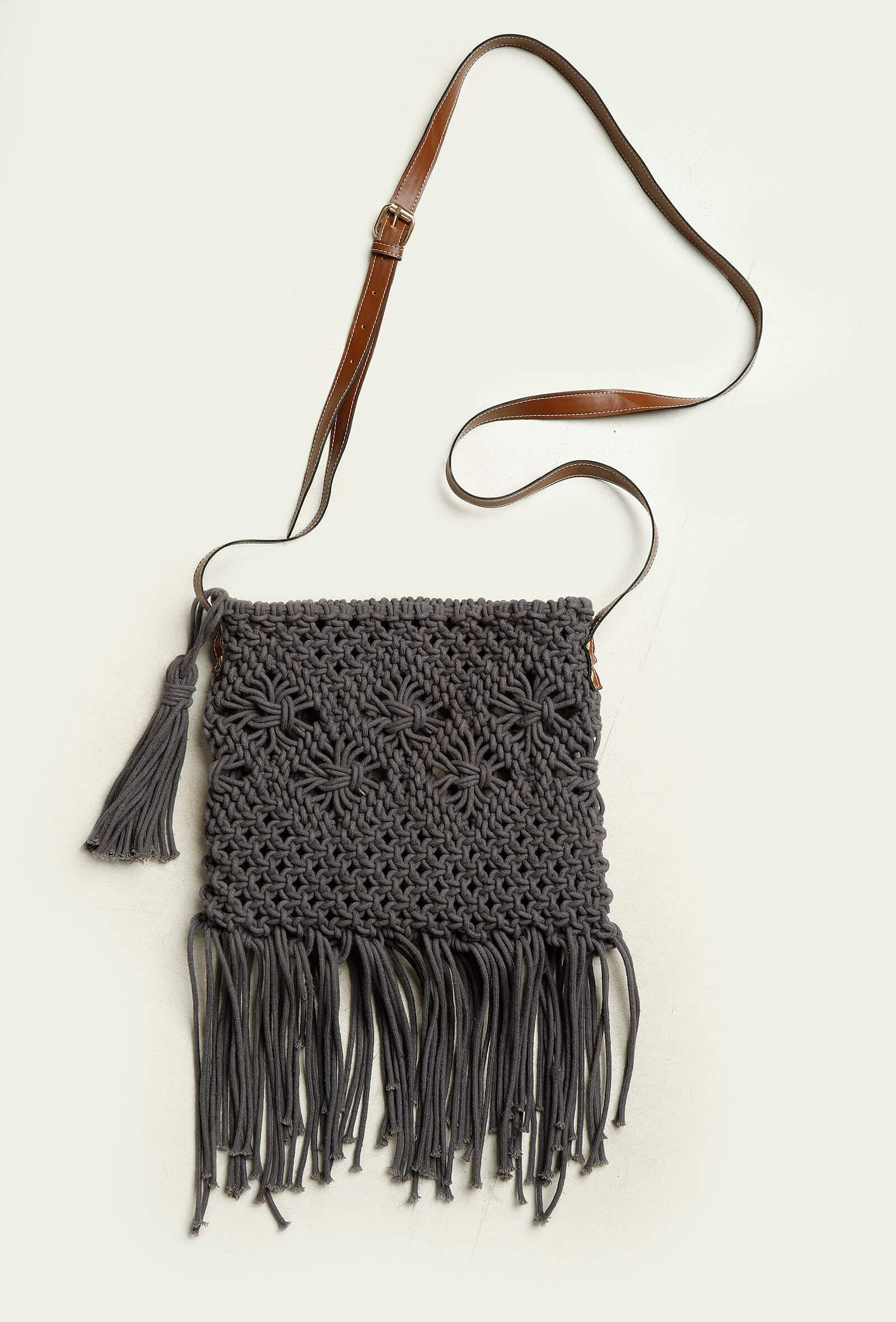 Grey Macrame Woven Sling Bag With Cruelty-Free Leather  Pouch