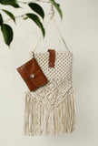 White Macrame Fringed Sling Bag With Cruelty Free Leather Pouch