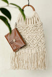 White Macrame Woven Bag With Cruelty-Free Leather  Pouch
