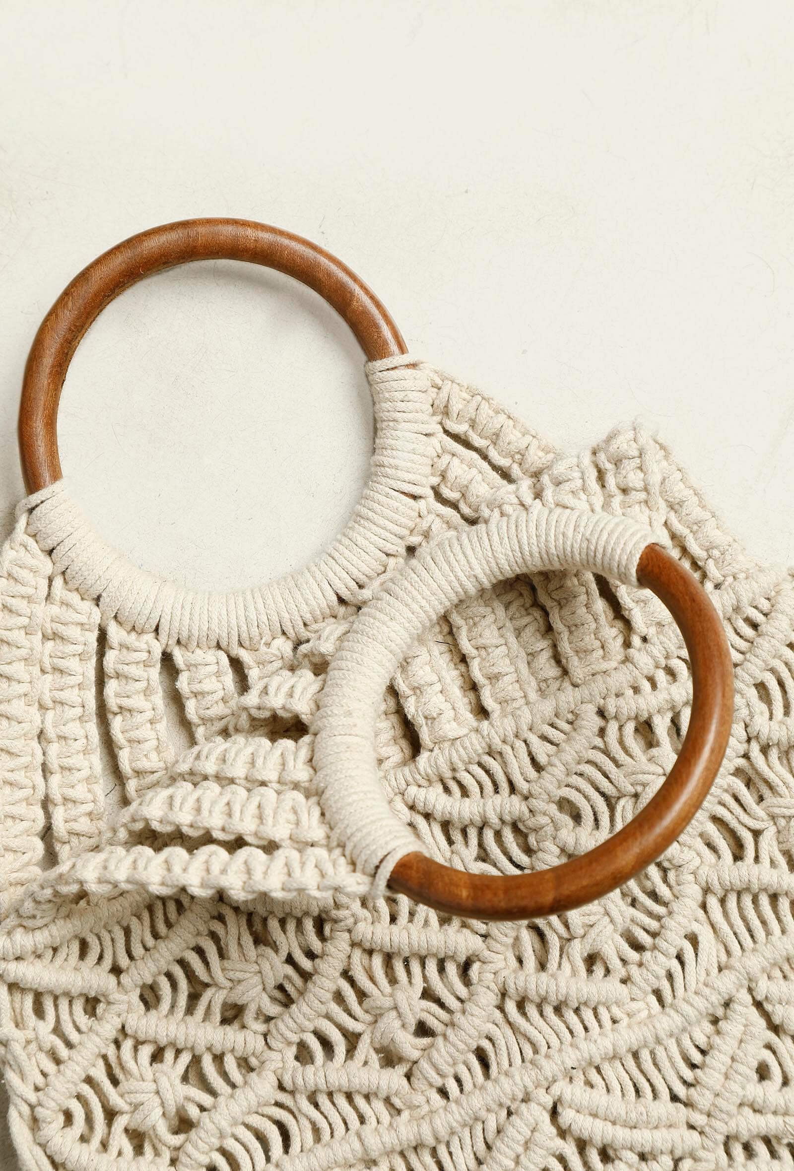 White Macrame Woven Bag With Cruelty-Free Leather  Pouch