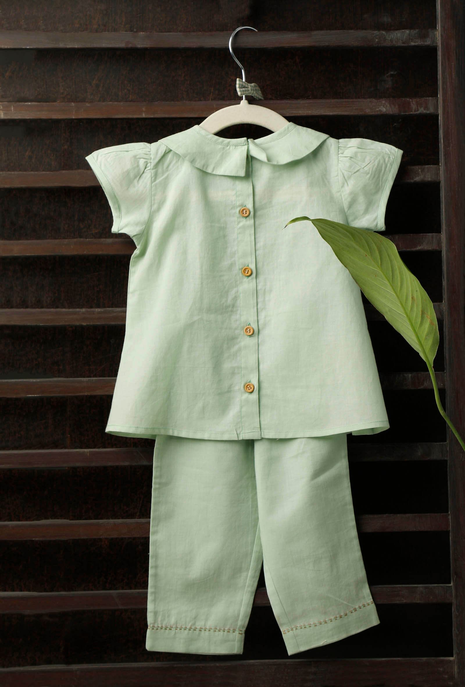 Green Peter Pan Collar Bamboo Fabric Top And Pant