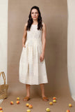 Off White Hand Block Printed Cotton Pleated Dress