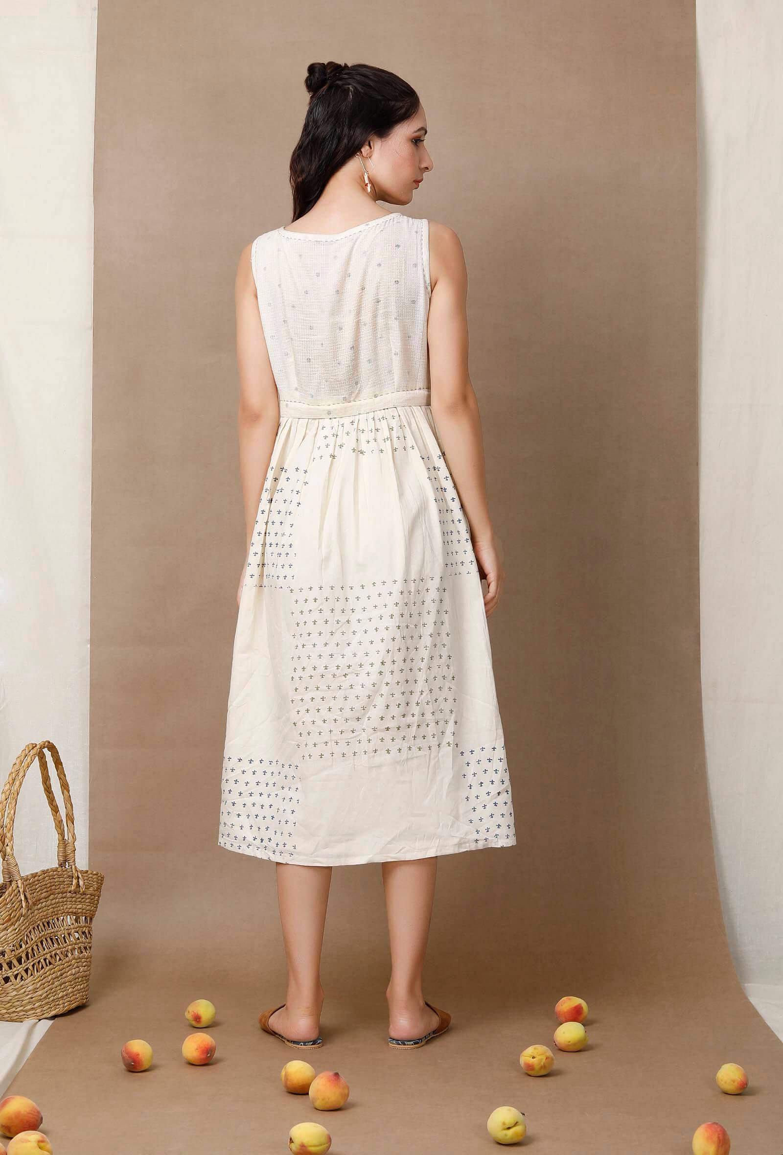 Off White Hand Block Printed Cotton Pleated Dress