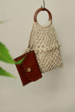 White Counch Macrame Woven Bag With Cruelty-Free Leather  Pouch