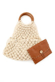 White Counch Macrame Woven Bag With Cruelty-Free Leather  Pouch