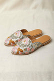 Grey Embroidered Dupion Silk Mules