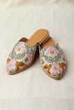 Grey Embroidered Dupion Silk Mules