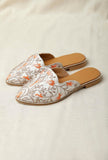 White Embroidered Dupion Silk Mules