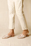 White Embroidered Dupion Silk Mules