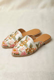 Floral Embroidered White Dupion Silk Mules