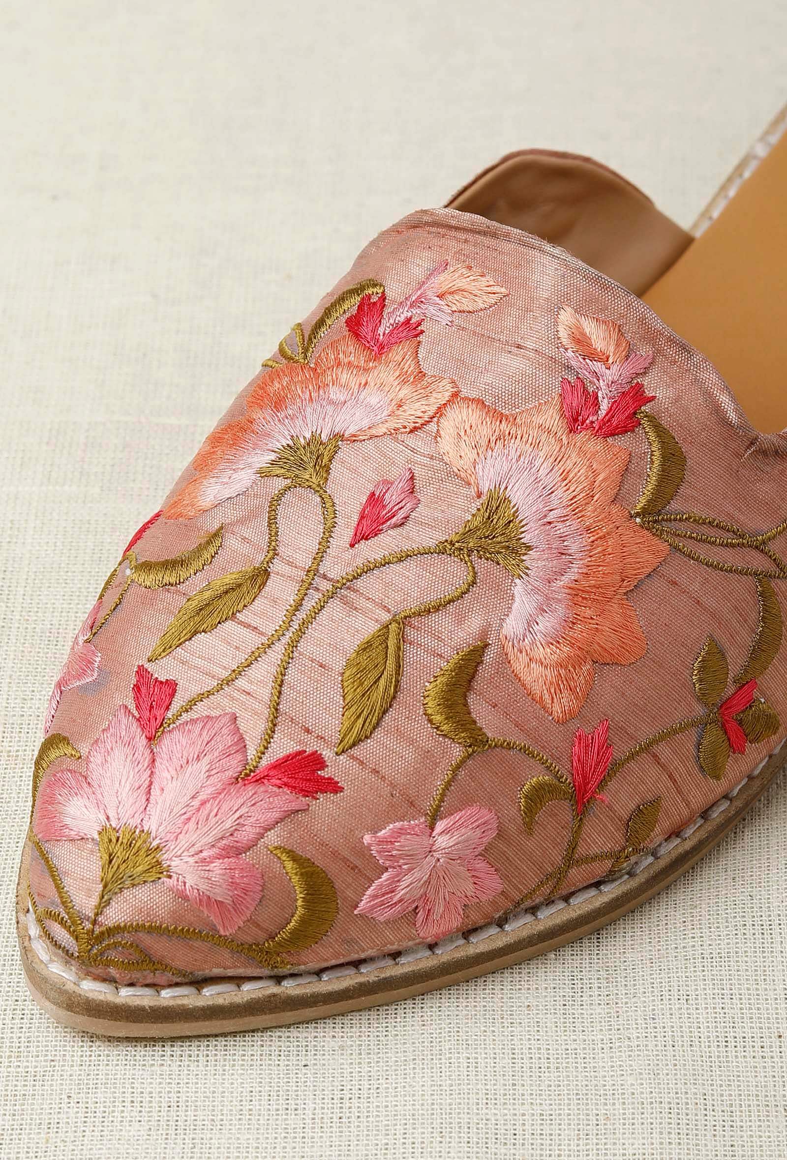 Dusky Pink Embroidered Dupion Silk Mules