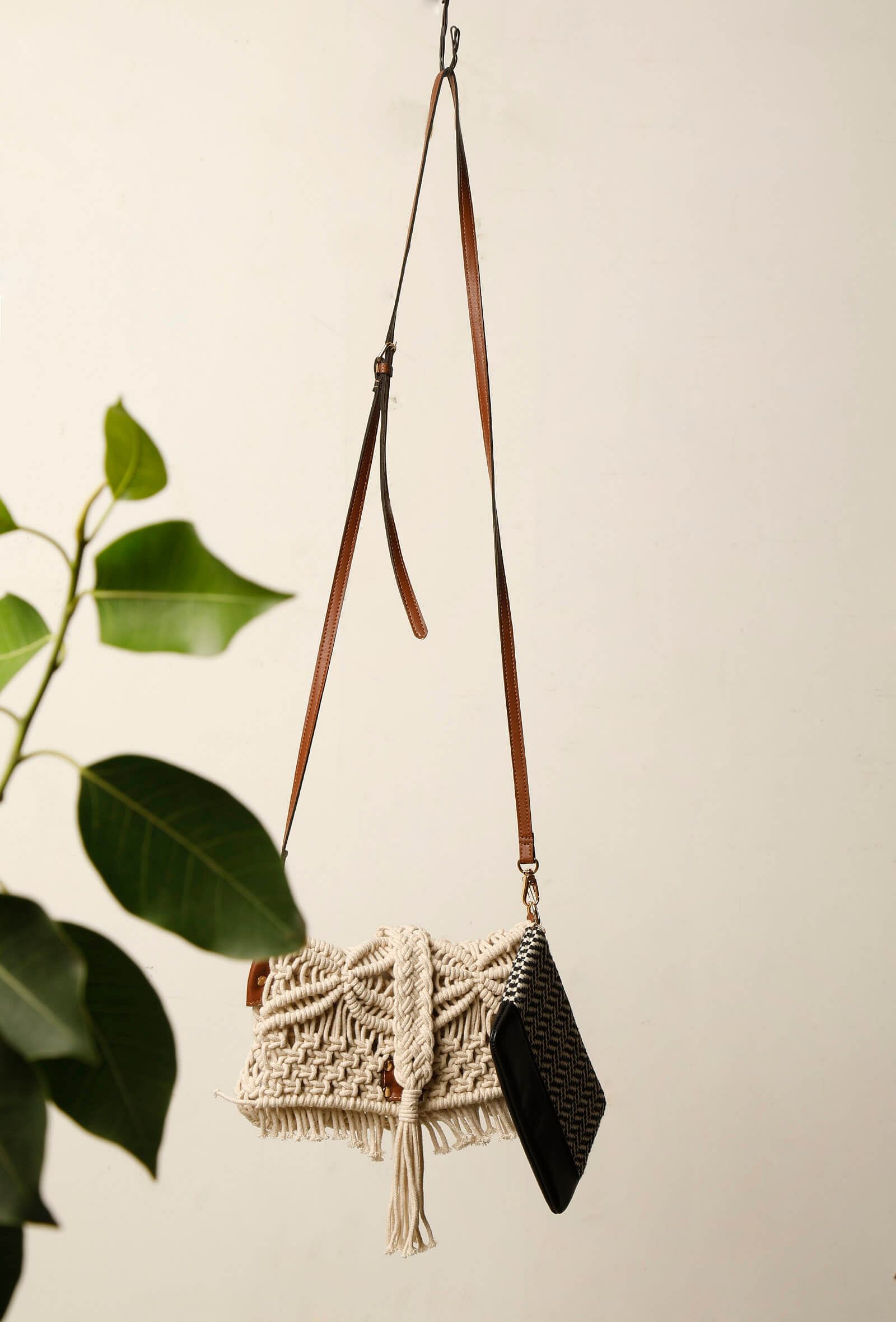 White Sling Macrame Bag With Jaccaurd and Cruelty Free Leather Pouch