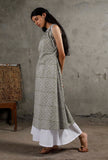 Green And White Block Printed Cotton Kurta