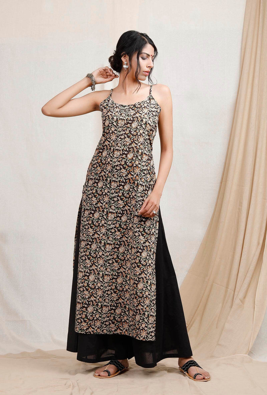 Black Kalamkari A-line Cotton Dress TJORI Black Kalamkari A-line Cotton Dress TJORI