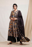 Set Of 3: Kalamkari Triple Print Kurta With Palazzos And Dupatta