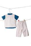 Set of 3: Off White Cotton Waistcoat and Pants with Blue Bamboo Shirt
