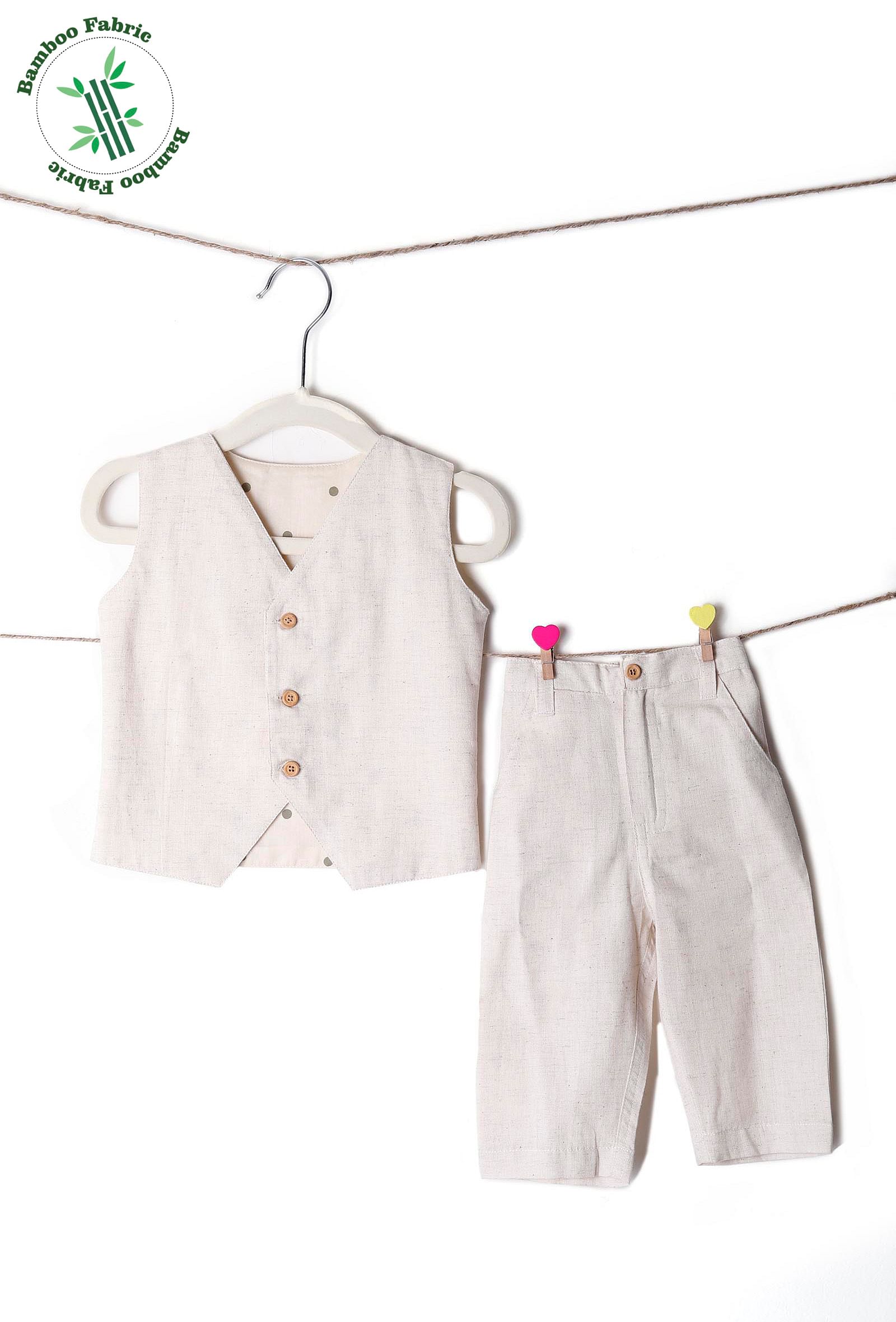 Set of 2: Off White Cotton Waist Coat and Pants