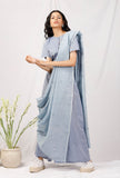 Set Of 3: Chambray Blouse And Culottes With Jamdani Saree