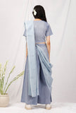 Set Of 3: Chambray Blouse And Culottes With Jamdani Saree