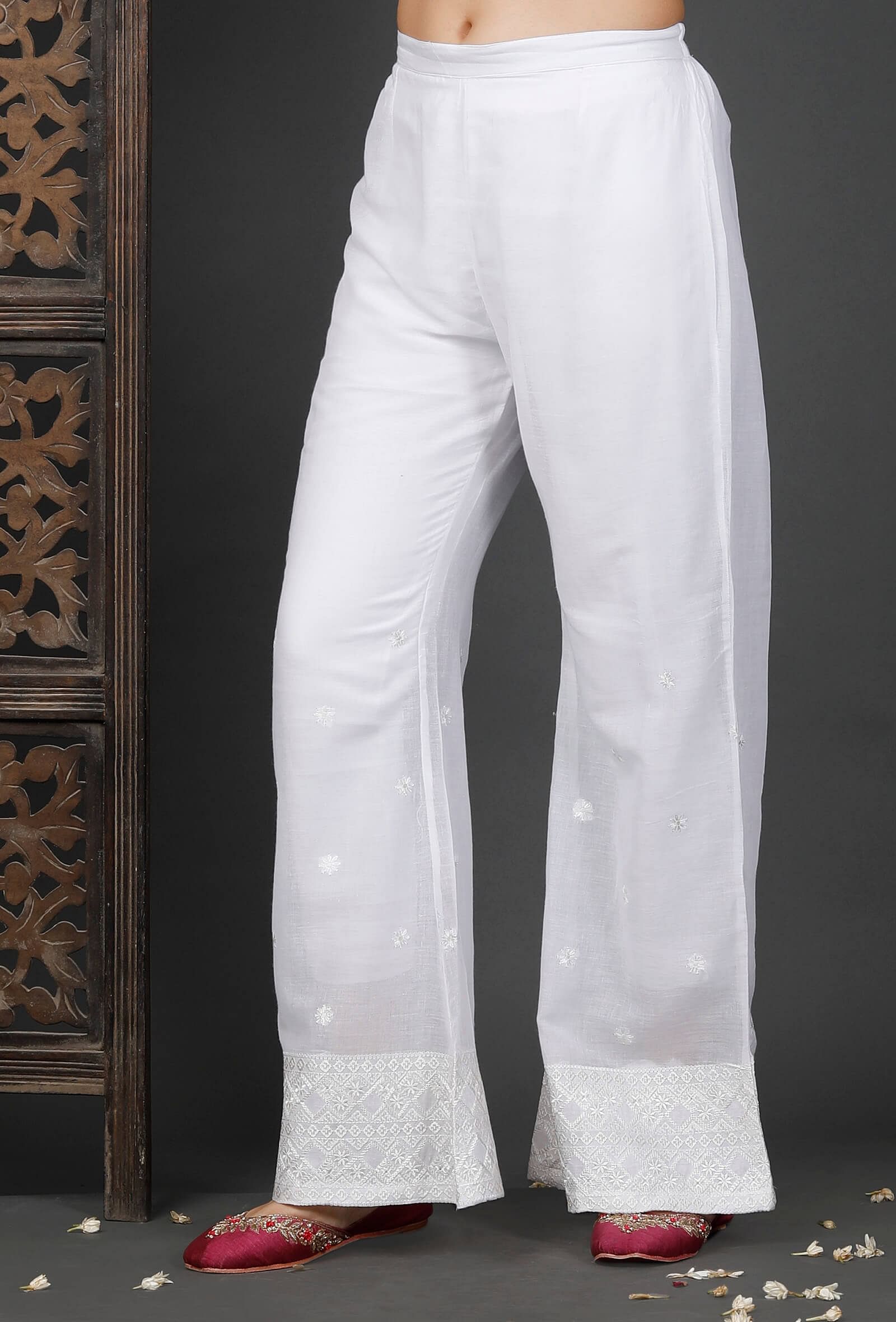 White Cotton Flower Embroidered Palazzos