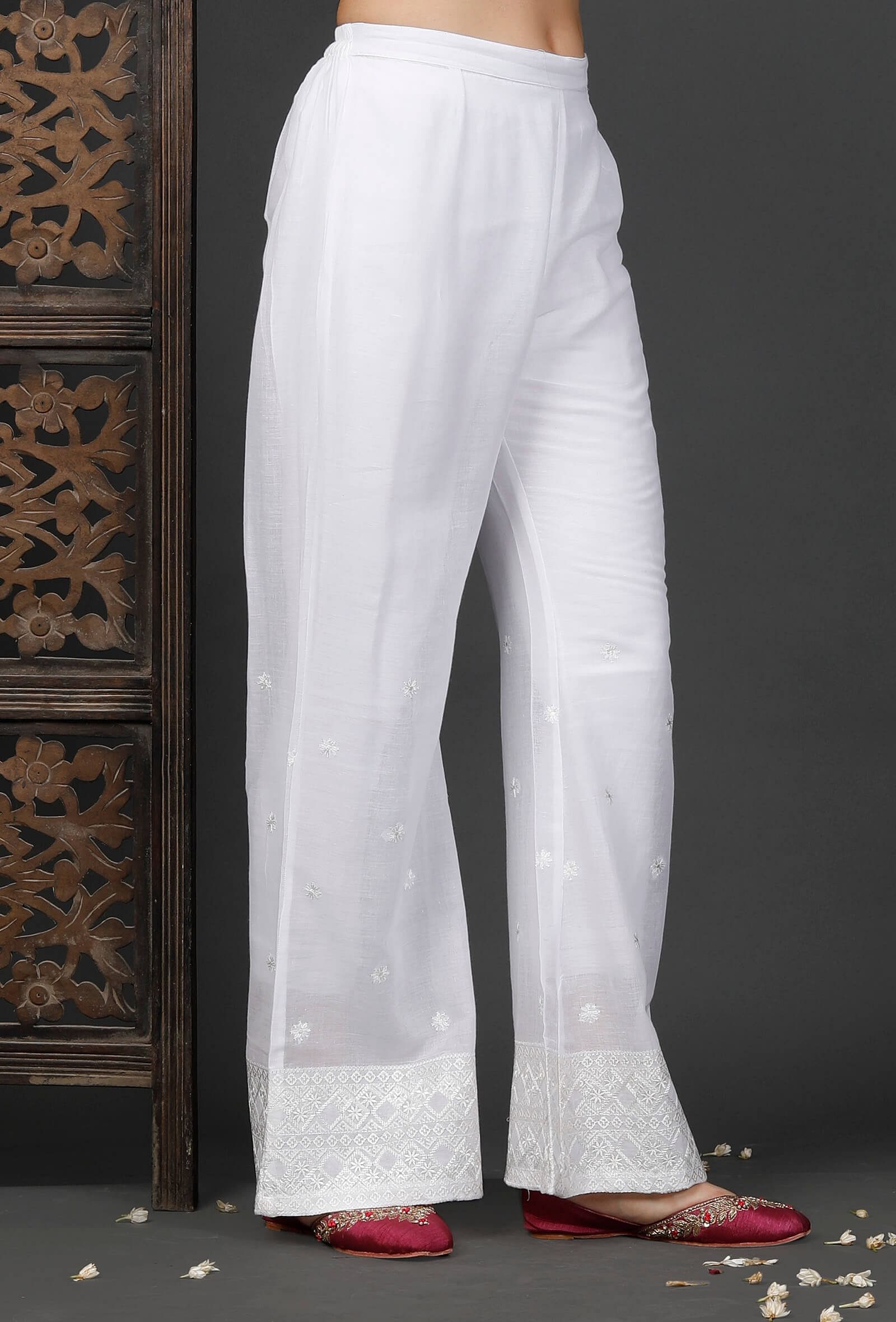 White Cotton Flower Embroidered Palazzos