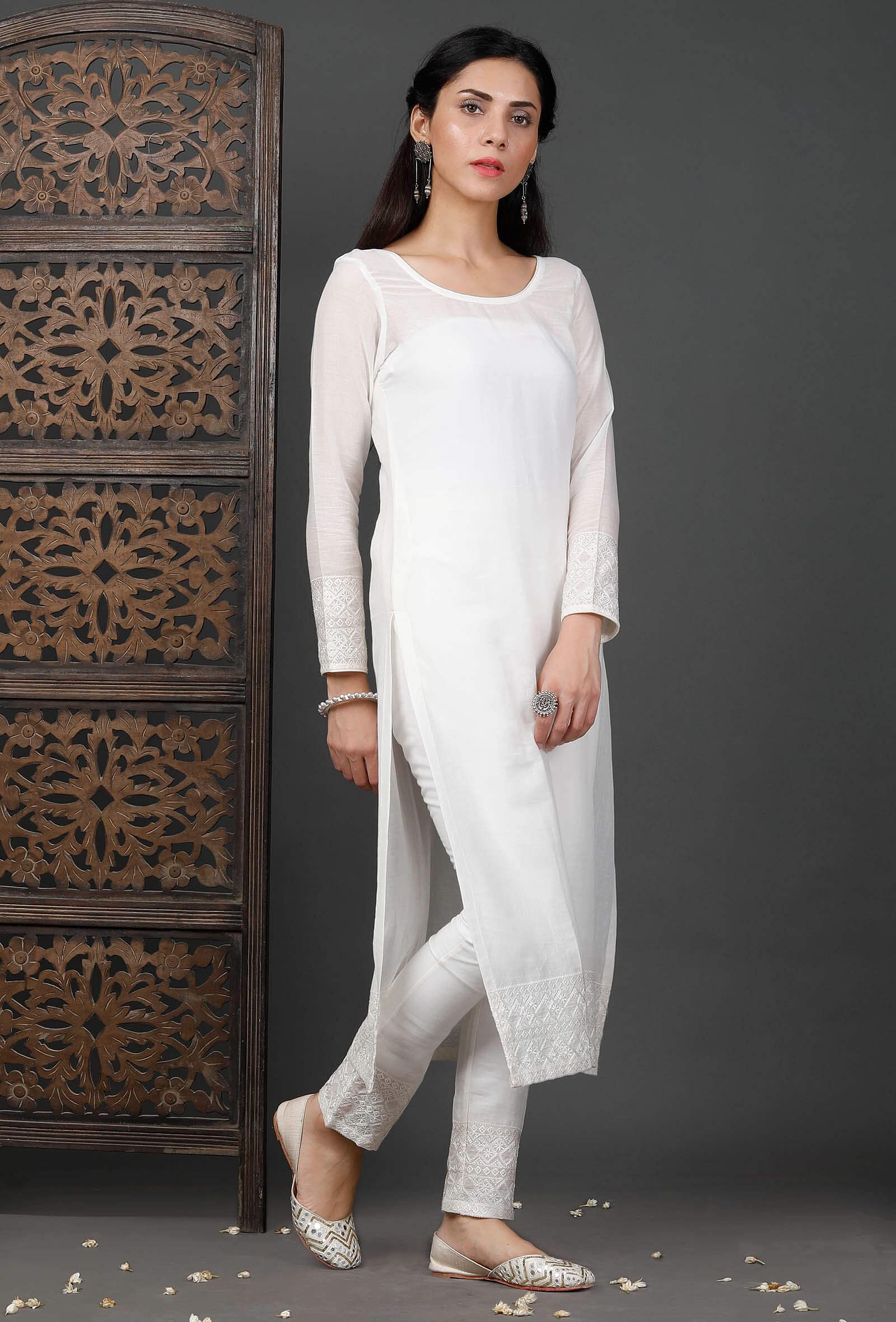 Off white ikat kurta with off white cotton pants  set of two by Free  Living  The Secret Label