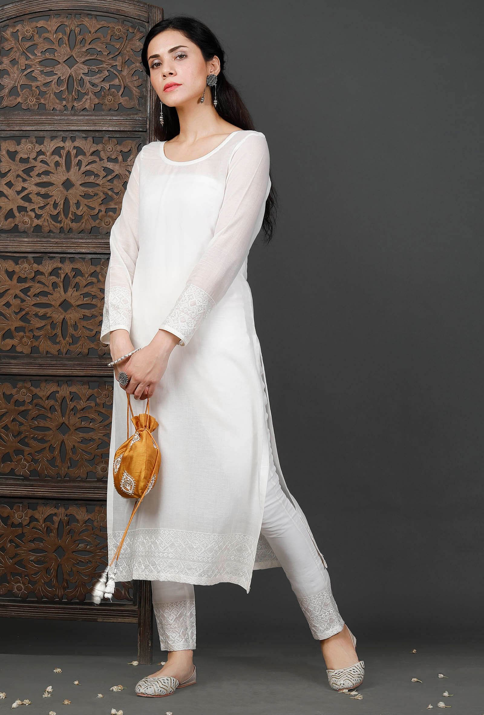 Set of 2: White Embroiderd Kurti And White Pants