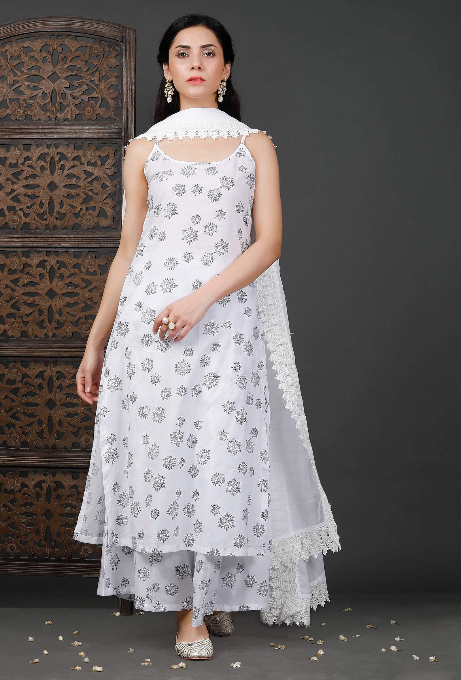 Set Of 3: Printed White Kurta, Culottes And White Cotton Dupatta – TJORI